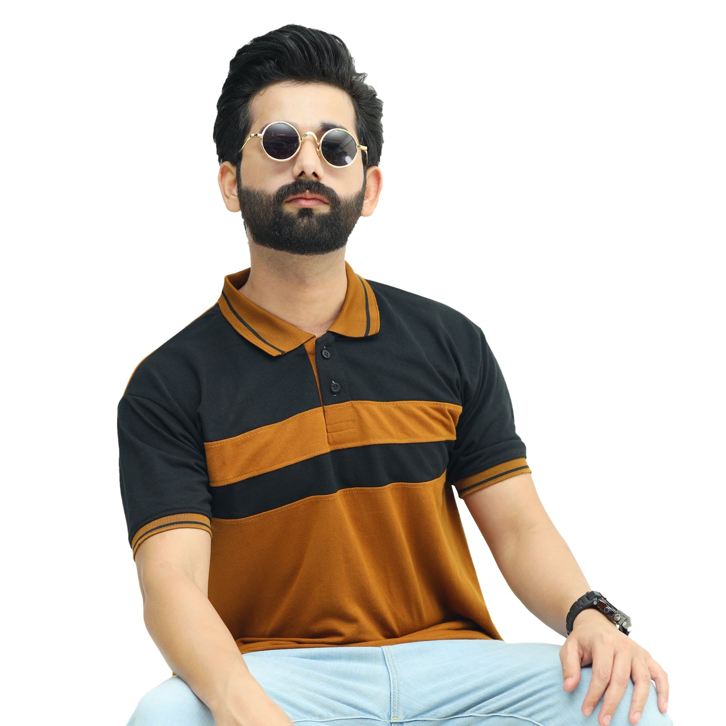 Mustard Black Half Sleeves Polo T-Shirt